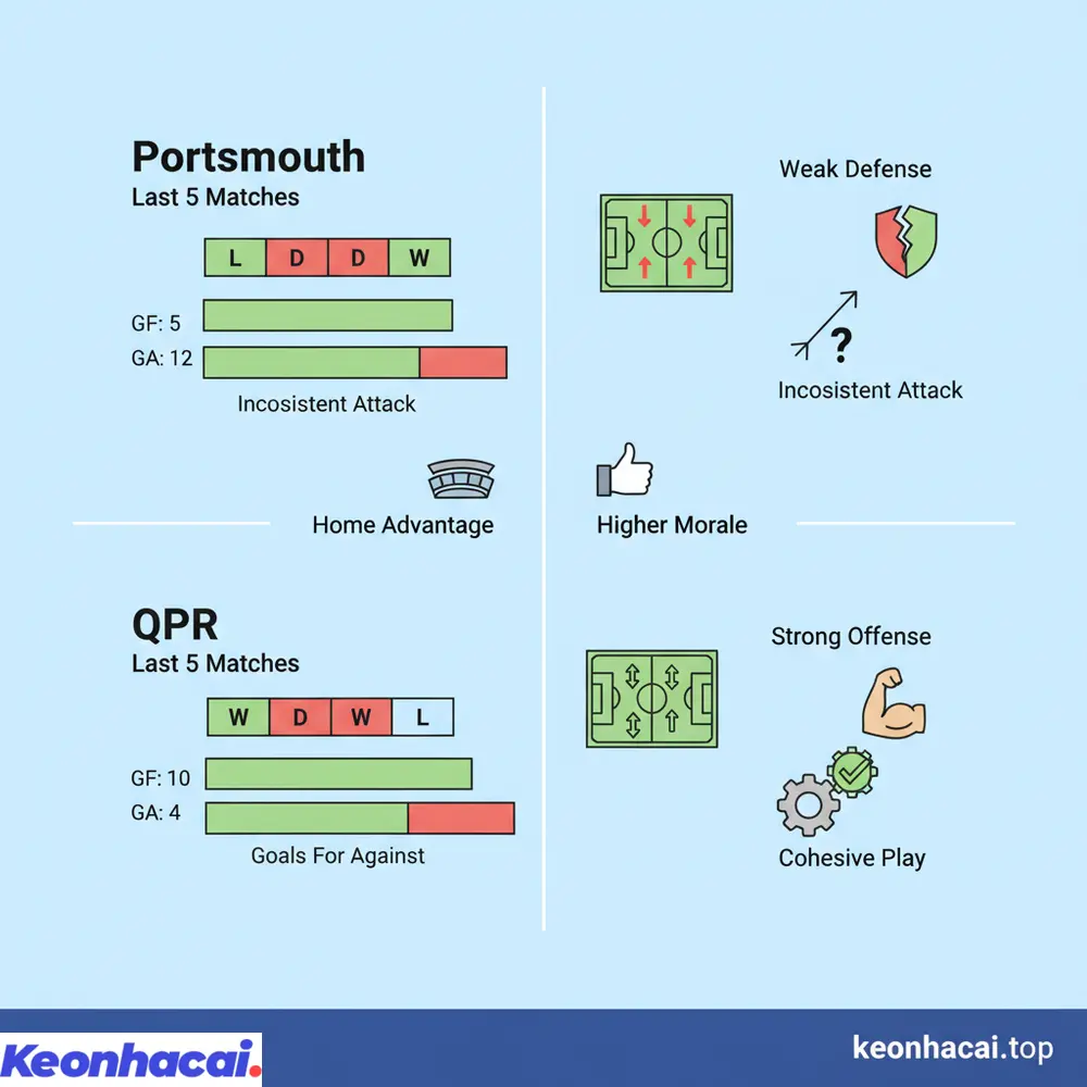 Tương quan lực lượng và phong độ hiện tại giữa Portsmouth vs QPR cho thấy một trận đấu khó đoán nhưng QPR nhỉnh hơn